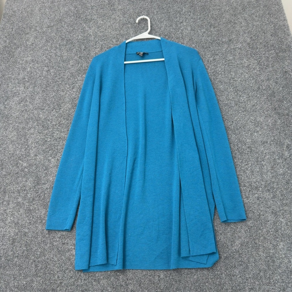 Eileen Fisher Cardigan Womens XXS Blue Merino Wool Open Front Side Slits Casual